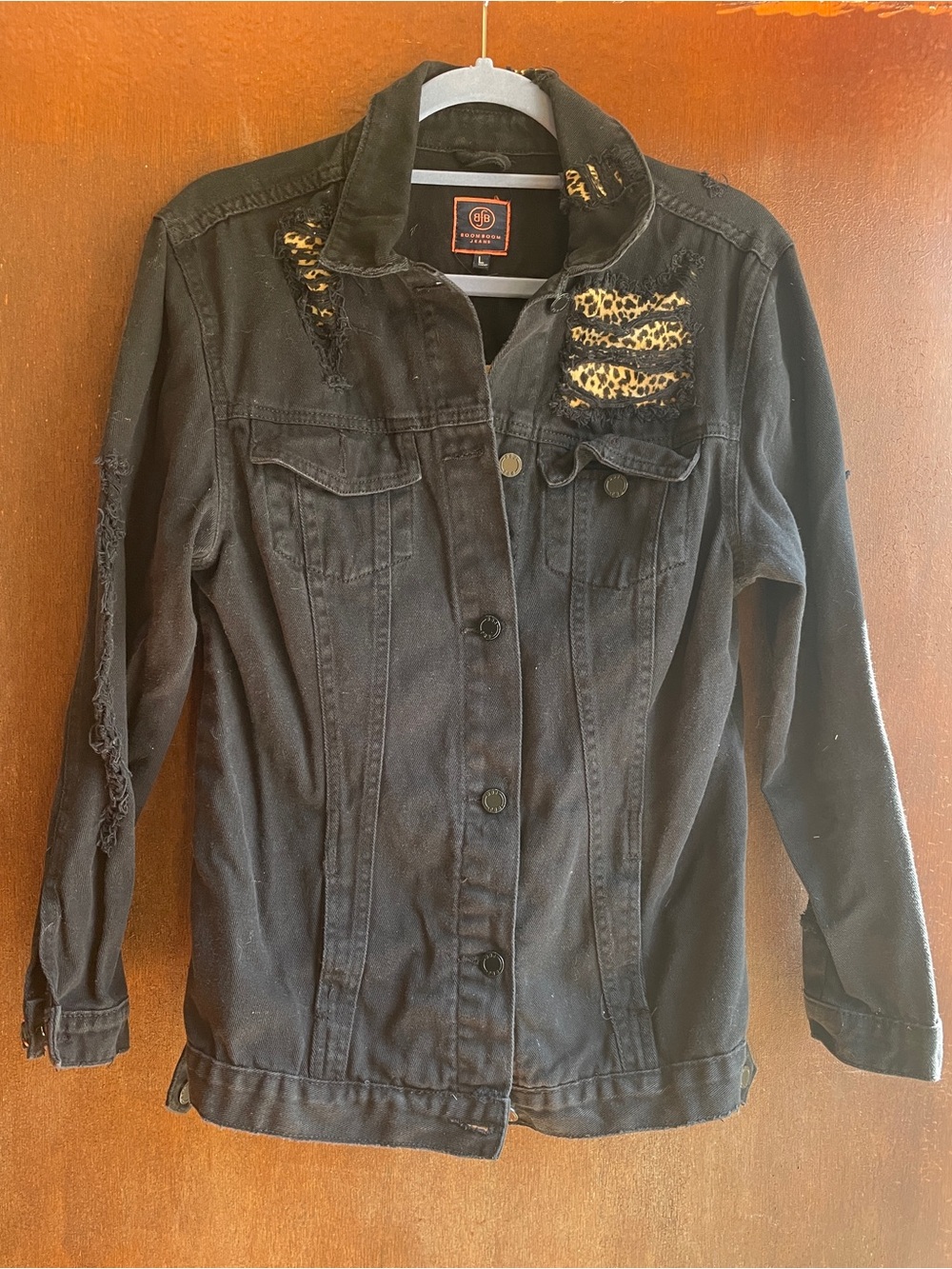 Black Denim Jacket with Peek-a-Boo Leopard Accents
